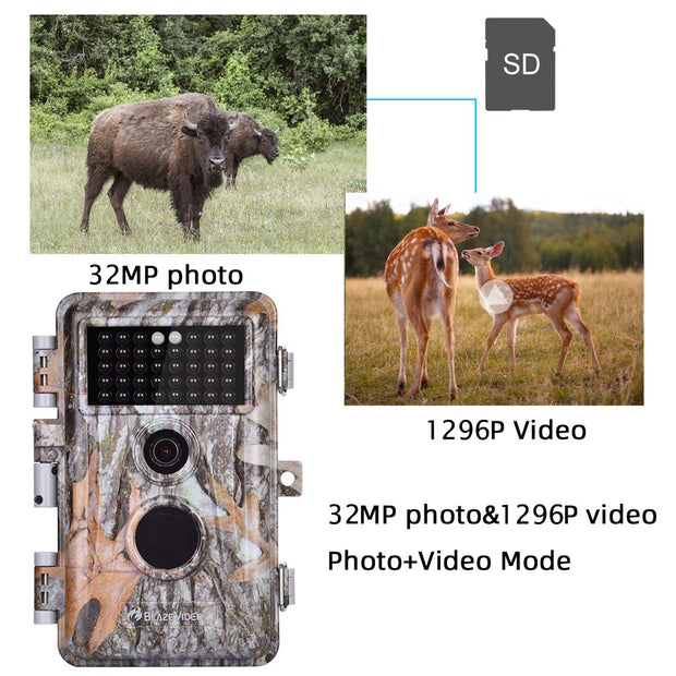 2-Pack Wildlife Trail Camera with No Glow Night Vision 0.1S Trigger Motion Activated 32MP 1296P IP66 Waterproof for Hunting & home security | A252