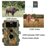 Wildlife Trail Camera with No Glow Night Vision 0.1S Trigger Motion Activated 32MP 1296P IP66 Waterproof for Hunting & home security | A252