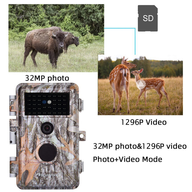 Wildlife Trail Camera with No Glow Night Vision 0.1S Trigger Motion Activated 32MP 1296P IP66 Waterproof for Hunting & home security | A252