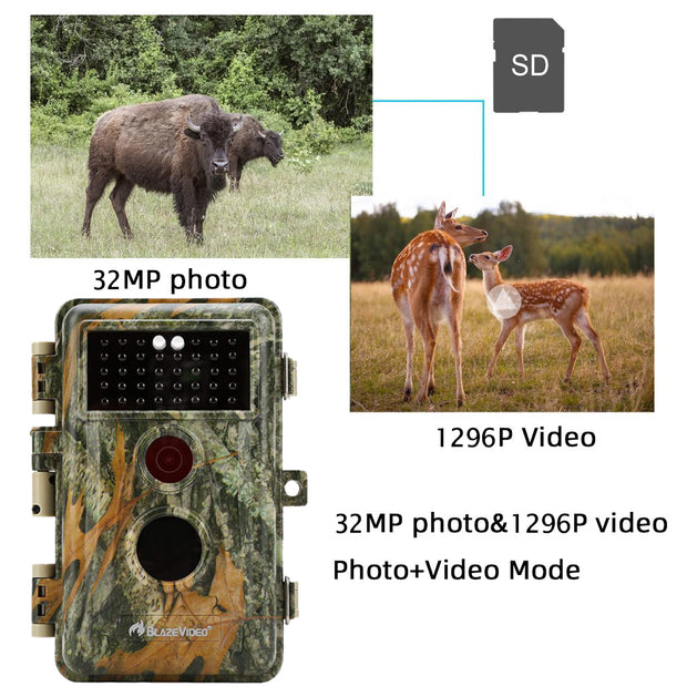 Wildlife Trail Camera with No Glow Night Vision 0.1S Trigger Motion Activated 32MP 1296P IP66 Waterproof for Hunting & home security | A252