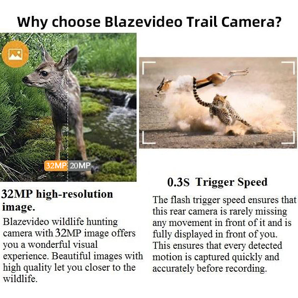 2-Pack Wildlife Trail Camera with Night Vision 0.1S Trigger Motion Activated 32MP 1296P IP66 Waterproof for Hunting & home security | A323