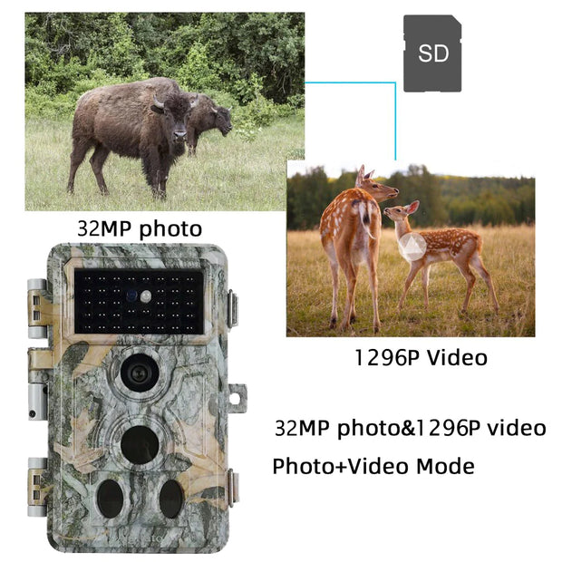 Wildlife Trail Camera with No Glow Night Vision 0.1S Trigger Motion Activated 32MP 1296P IP66 Waterproof for Hunting  | A262