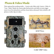 Wildlife Trail Camera with No Glow Night Vision 0.1S Trigger Motion Activated 32MP 1296P IP66 Waterproof for Hunting  | A262
