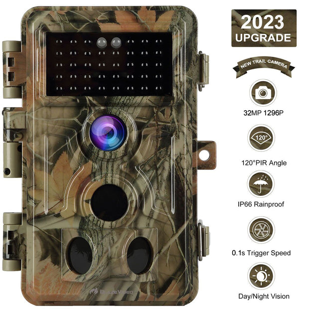 Wildlife Trail Camera with No Glow Night Vision 0.1S Trigger Motion Activated 32MP 1296P IP66 Waterproof for Hunting & home security  | A262