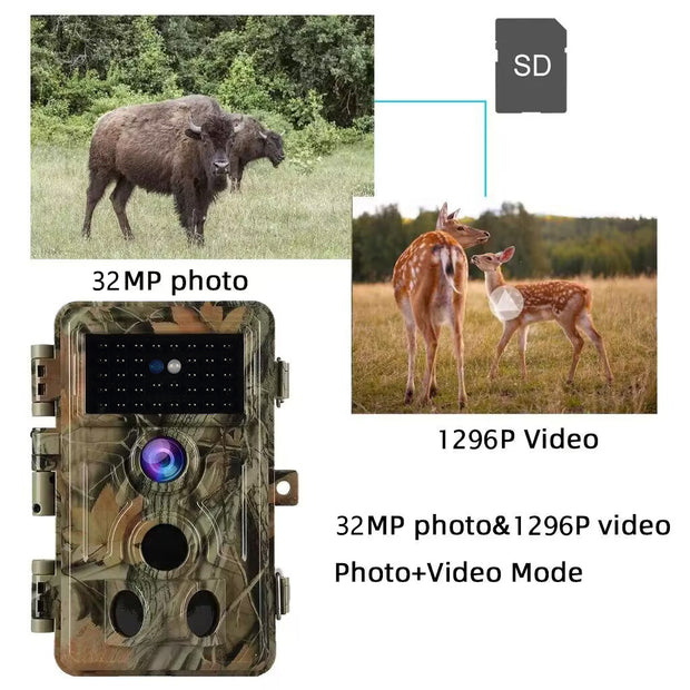 4-Pack Wildlife Trail Camera with No Glow Night Vision 0.1S Trigger Motion Activated 32MP 1296P IP66 Waterproof for Hunting & home security | A262