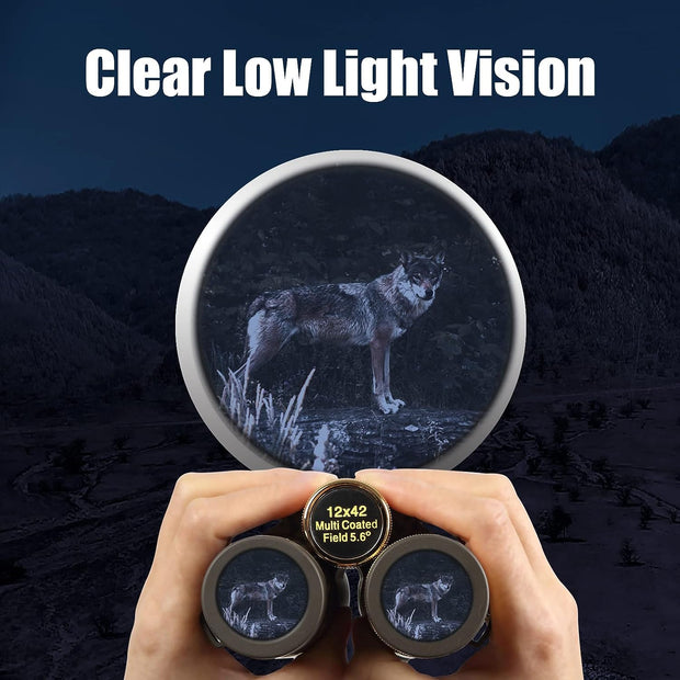 12x42 HD Binoculars, Large View Lens with Clear Low Night Vision IPX7 Waterproof Multi Coated Field 5.6° for Outdoor camping, Bird Watching, Hunting