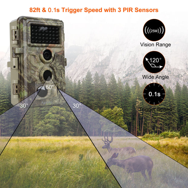 Wildlife Trail Camera with No Glow Night Vision 0.1S Trigger Motion Activated 24MP 1296P IP66 Waterproof Hunting & home security