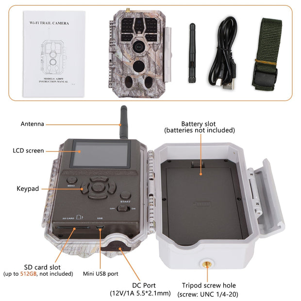 Bundle of Solar Panel and Bluetooth WIFI Trail Cameras 32MP 1296P with Night Vision Motion Activated Waterproof | A280W Green