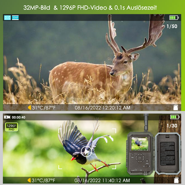 4G LTE Cellular Wildlife Trail Camera 32MP 1296P Night Vision Motion Activated No Glow Waterproof with 32G SD for Garden Security Outdoor Trap Animal Camera | A390G Green