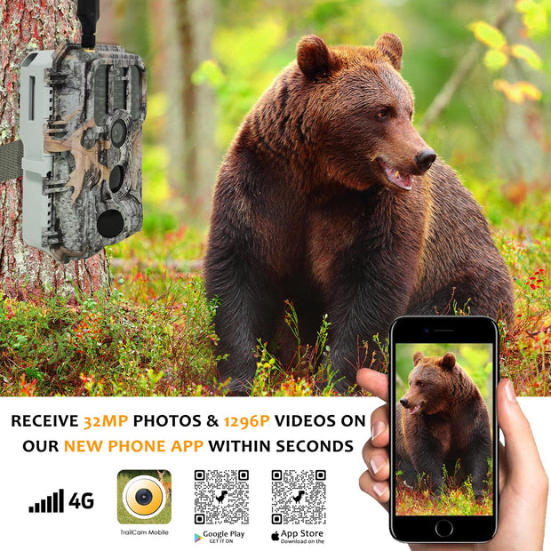 4G LTE Cellular Trail Camera 32MP 1296P Night Vision Motion Activated 0.1S Trigger Speed IP66 with 32G SD card for Wildlife Tracking and Home Security