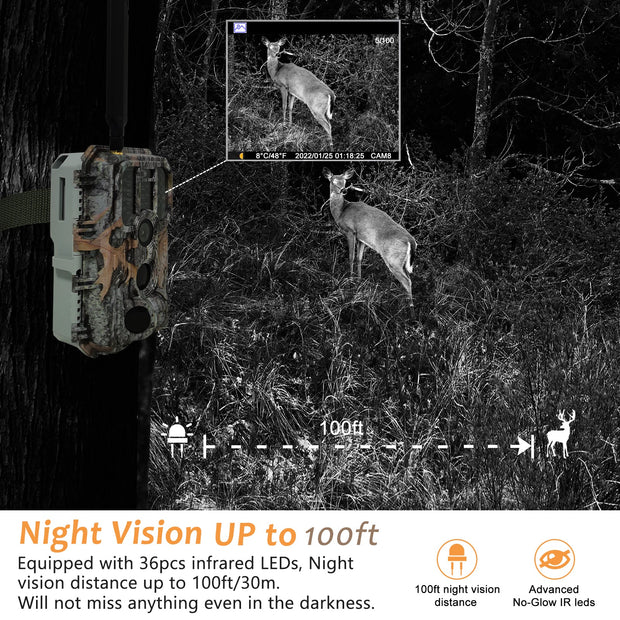 4G LTE Cellular Trail Camera 32MP 1296P Video Night Vision Motion Activated 0.1S Trigger Speed Waterproof for Wildlife Tracking and Home Security