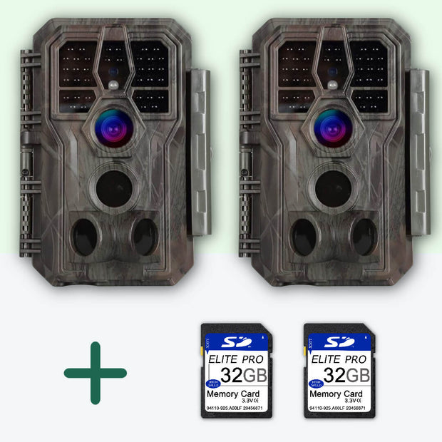 Bundle: Wildlife Trail Camera A280x2 with Night Vision Motion Activated 0.1S Trigger Speed 32MP 1296P IP66 and 32GB SD Card Pack x 2
