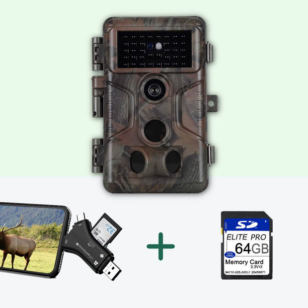 Bundle: Wildlife Trail Camera A323 with Night Vision Motion Activated 0.1S Trigger Speed 32MP 1296P IP66 + SD card reader + 64Gb SD card