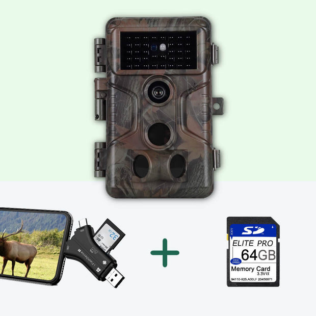 Bundle: Wildlife Trail Camera with Night Vision Motion Activated 0.1S Trigger Speed 24MP 1296P IP66 + SD card reader + 64Gb SD card