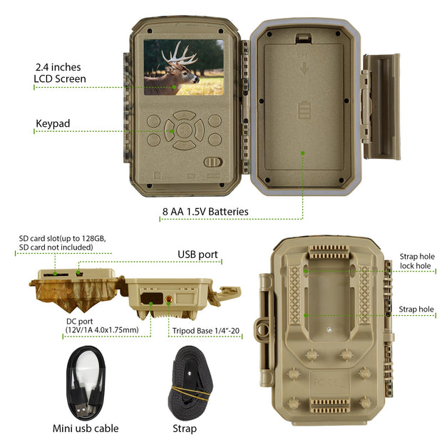 2-Pack 4K 2160P 30fps Video 32MP Photo Trail camera with audio and motion detector Night vision up to 100ft, 0.1s trigger speed, Waterproof | T326 Green