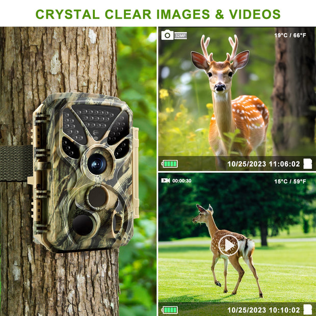 2-Pack 32MP photo 4K 2160P Full HD video Trail camera with audio and motion detector Night vision max. distance up to 100ft, 0.1s trigger speed, Waterproof IP66 | T326 Green