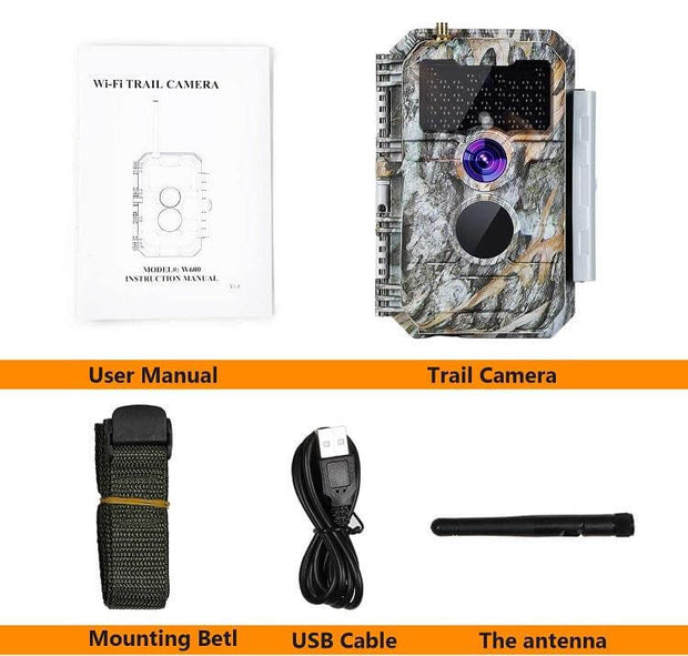 Bundle Wireless WiFi Wildlife Trail Camera with Night Vision Motion Activated 32MP 1296P Waterproof and Solarpanel-Kits 8000mAh | W600