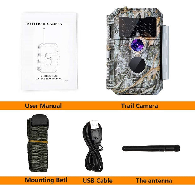 Bundle of Solar Panel and WiFi Game Camera 32MP 1296P Night Vision No Glow Motion Activated for Wildlife Hunting, Home Security | W600 Brown