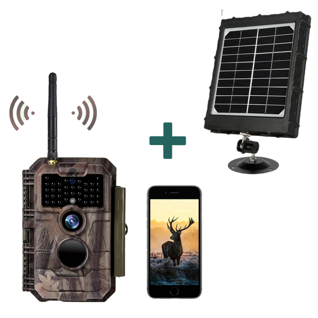 Bundle of Solar Panel and Wireless Bluetooth WiFi Deer Camera 32MP 1296P Night Vision No Glow Motion Activated for Hunting, Home Security | W600 Red