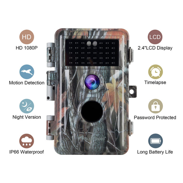 Wildlife Trail Camera with No Glow Night Vision 0.1S Trigger Motion Activated 24MP 1296P IP66 Waterproof for Hunting & home security